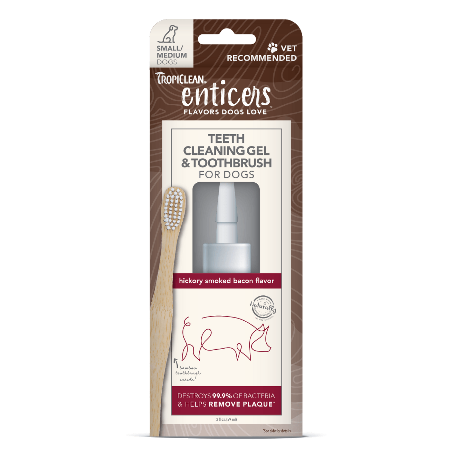 TropiClean Enticers Teeth Cleaning Gel & Toothbrush for Dogs Hickory Smoked Bacon 2 oz, Small/Medium 645095004511