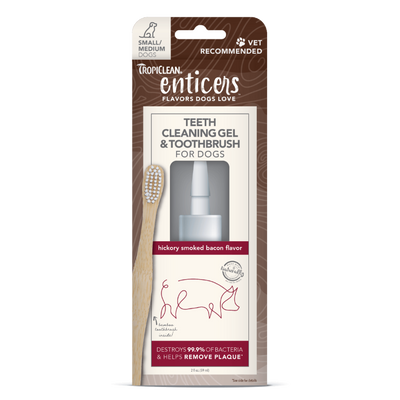 TropiClean Enticers Teeth Cleaning Gel & Toothbrush for Dogs Hickory Smoked Bacon 2 oz, Small/Medium 645095004511