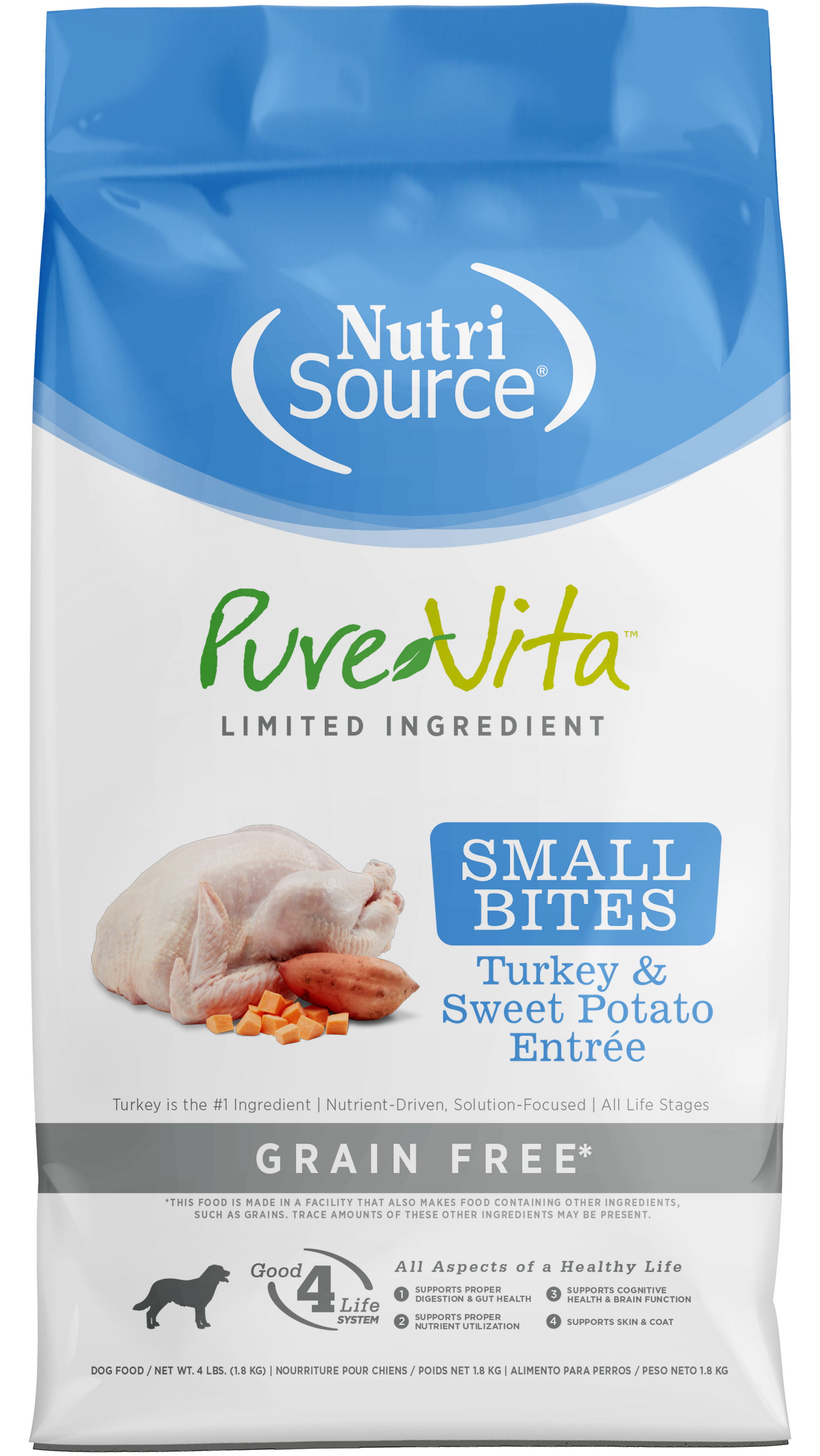 NutriSource PureVita LID Grain Free Small Bites Dry Dog Food Turkey & Sweet Potato 4 lb 073893175117