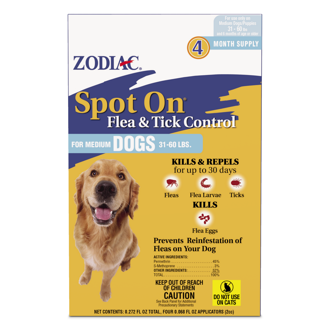 Zodiac Spot On Flea & Tick Control Medium Dogs 31-60 Pounds 4 Pack
