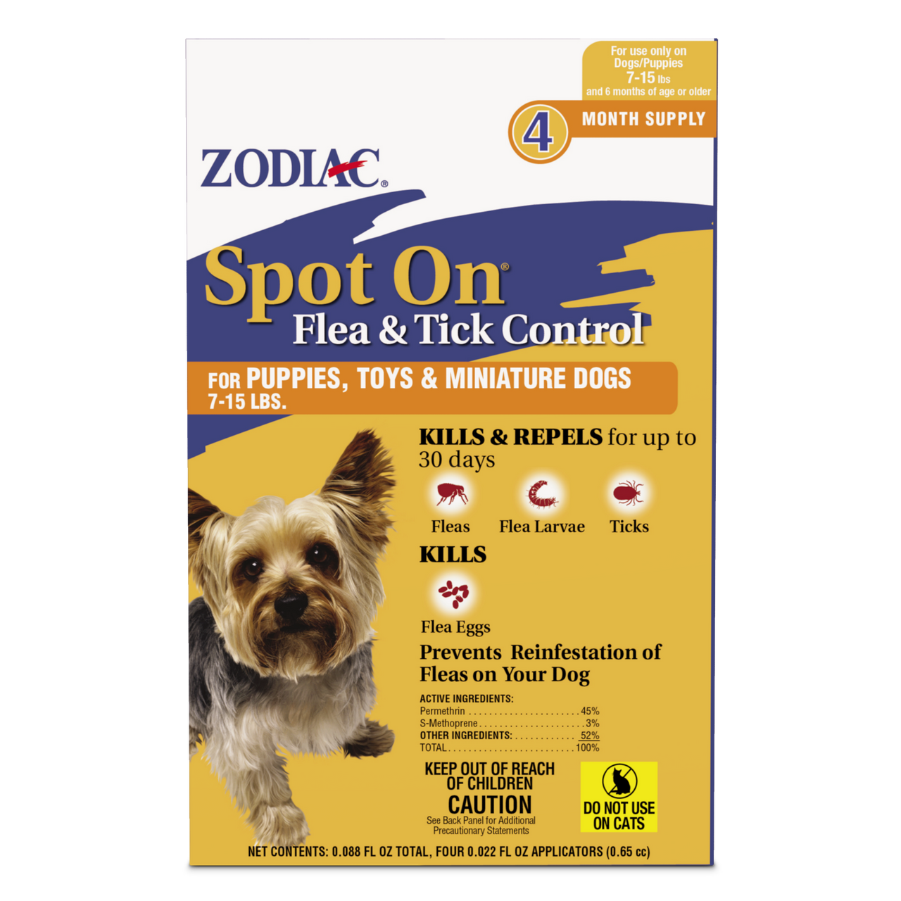 Zodiac Spot On Flea & Tick Control Puppies, Toys and Miniature Dogs 7-15 lbs 4 Pack