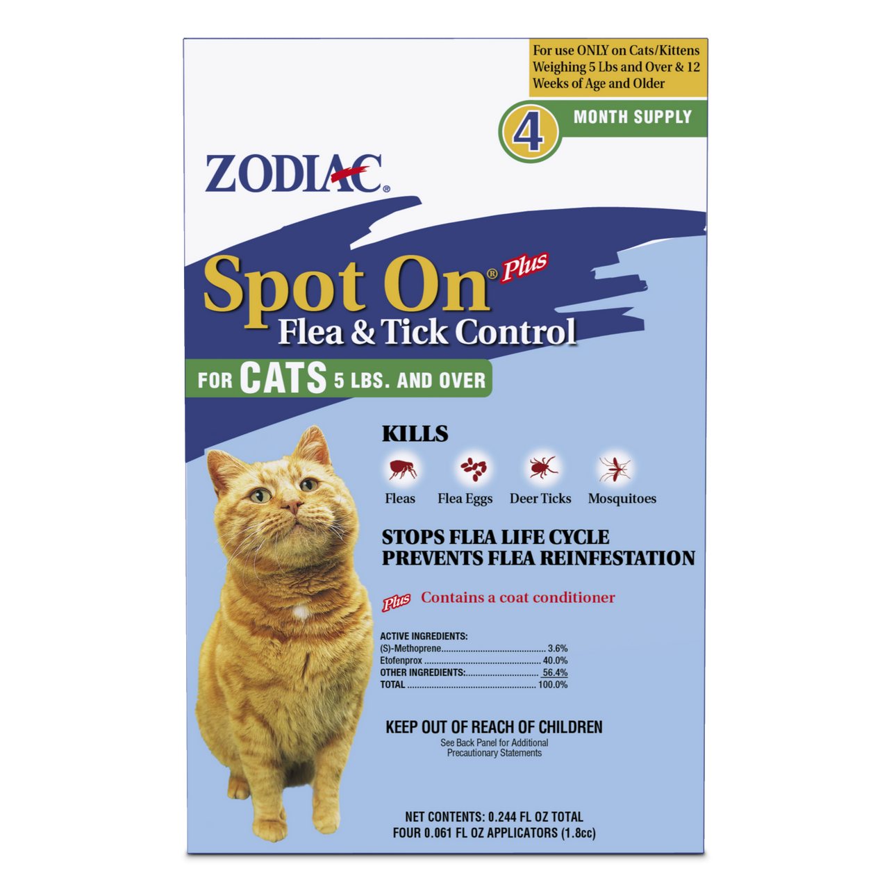 Zodiac Spot On Plus Flea & Tick Control for Cats 5 lbs and Over 4 Pack