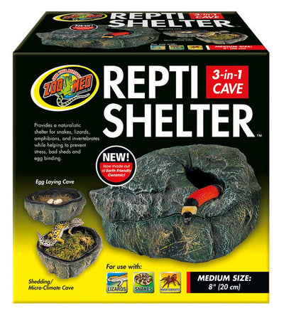 Zoo Med Repti Shelter 3 - in - 1 Cave Terrarium Hideaway Black 8in MD - Reptile