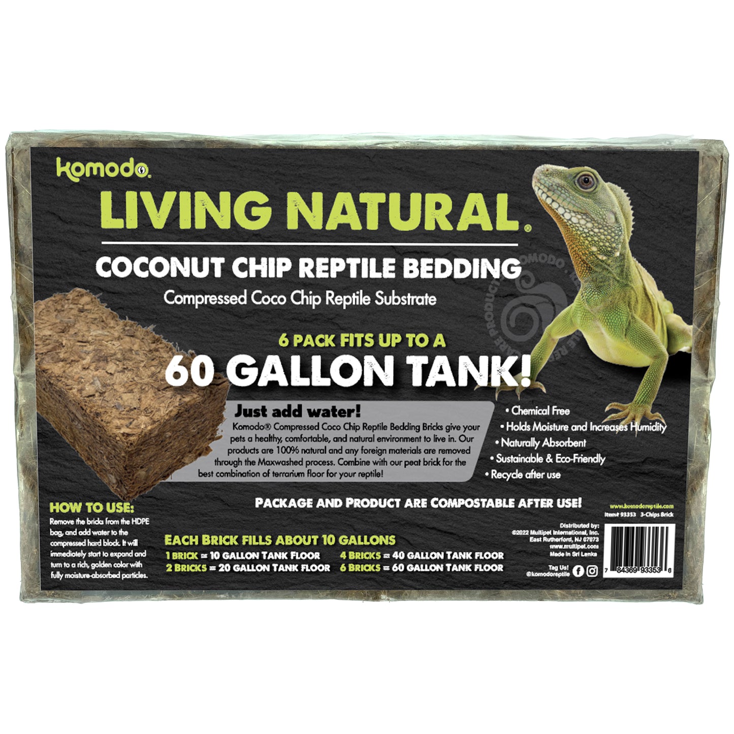 Komodo Living Natural Coconut Chip Reptile Bedding Brick 6 pk 784369933536